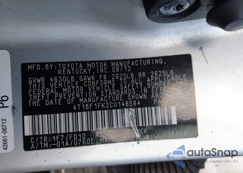 2012 Toyota Camry Le z USA, uszkodzony, nr VIN 4T1BF1FK2CU148584